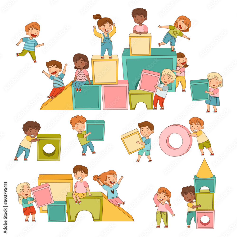 Poster big toy blocks and playful children carrying them around building tower and having fun big vector se
