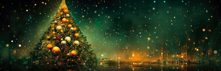 Fototapeta na wymiar Christmas green background with ornaments and trees. Generative Ai Illustration.