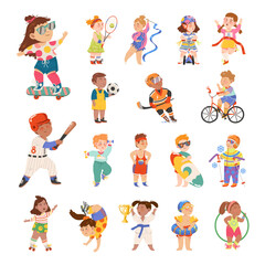 Obraz na płótnie Canvas Cute Kids Athlete Engaged in Different Sport Activity Big Vector Illustration Set
