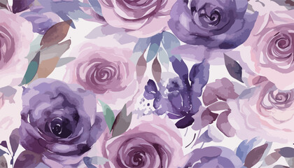Purple pastel watercolor roses, green leaves, collage pattern. Bright contemporary print for wedding stationary, greetings, wallpapers, fashion, backgrounds, textures, DIY, wrappers, cards