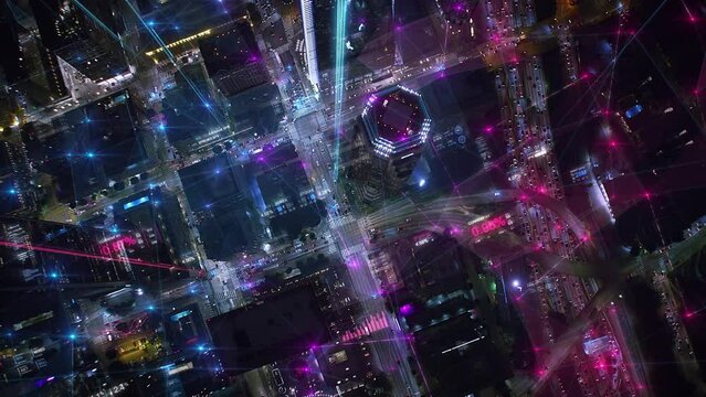 Futuristic City Skyline. Big Data, Artificial Intelligence, Internet of Things. Over Head Aerial View of Financial District With Charts And Data. Stock Exchange Figures. Neon.