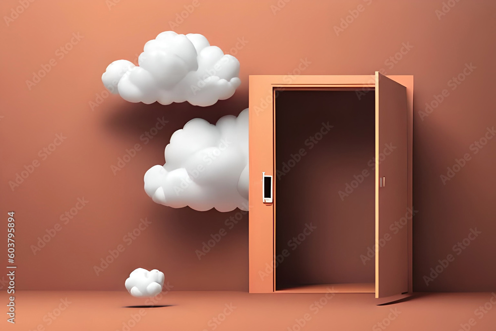 Poster white clouds and cumulus flying out the blue open door inside the empty room. objects isolated on pe