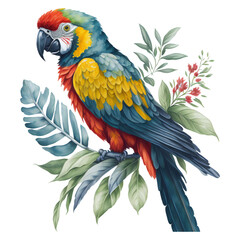 Obraz premium Watercolor macaw parrot Clipart, South American parrot with tropical leaves, Cute Parrot art transparent