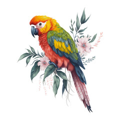 Watercolor macaw parrot Clipart, South American parrot with tropical leaves, Cute Parrot art transparent