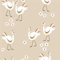 Seamless pattern with cute white  ostriches and flowers. Funny children's animal print. Vector hand drawn illustration.