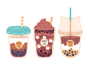 Collection of Bubble Milk Tea with tapioca pearls. Boba tea. Taiwanese drink. Summer cold drink. Hand drawn vector illustration