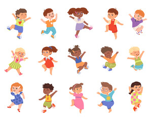 Boy and Girl Characters Jumping with Joy and Excitement Big Vector Set