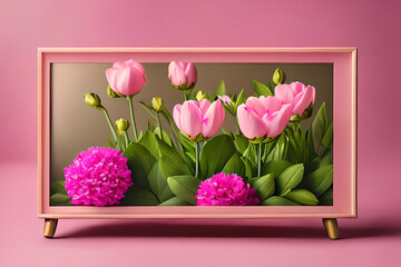 Pink Petals, Spring Flower Frame Mockup on Palette Pink