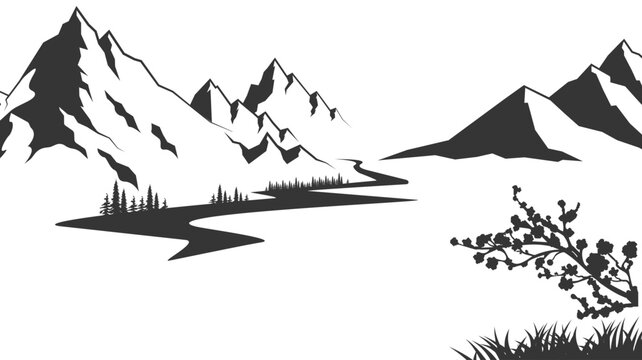 Mountain with pine trees and lake landscape black on white background. Silhouette rocky peaks in sketch style. Vector illustration