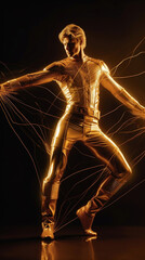 Photo realistic illustration of a cyberpunk guy, dressed in gold, synthwave, dance club. Anatomy and lighting reference. Generative AI.