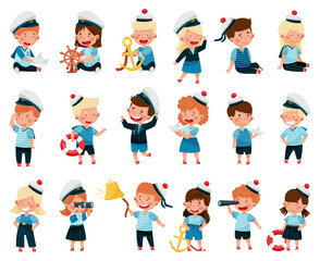 Kid Sailors in Cap and Striped Shirt Playing Vector Set