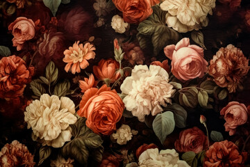 Roses background, warm color palette, vintage aesthetics. Generative Ai Illustration.