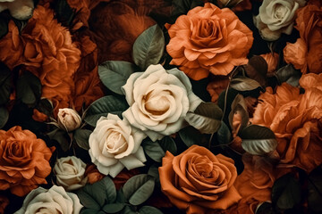 Fototapeta premium Roses background, warm color palette, vintage aesthetics. Generative Ai Illustration.