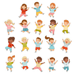 Elated Children Jumping with Joy Expressing Excitement and Happiness Big Vector Set