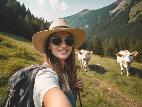 Gl&uuml;ckliche Touristin im Sommerurlaub.  Frau mit Hut und Sonnenbrille macht Selfie mit Kuh in malerischer Berglandschaft, generative AI.