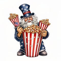 A cartoon man with a bucket of popcorn and a flag of america with Generative AI technology