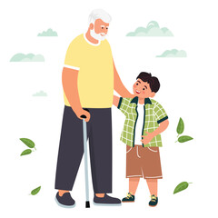 Grandpa meeting with grandson. Happy smiling characters communicate with each other. Relatives have fun together.Gray-haired old man and boy.Vector  flat illustration isolated on white background.