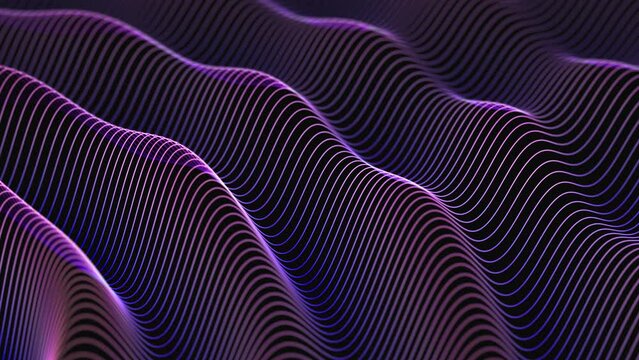 3D soundwaves consisting of curved lines flowing digital water surface. Abstract concept of digital sound, data flow and artificial intelligence. Tidal waves of digital information, seamless loop 4K