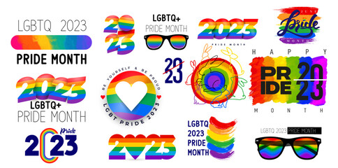 Collection of LGBT Pride Month 2023. Rainbow flag, sunglasses, rabbit, logos, symbols and colored stickers. Human rights and tolerance. LGBTQ community. Vector illustration.