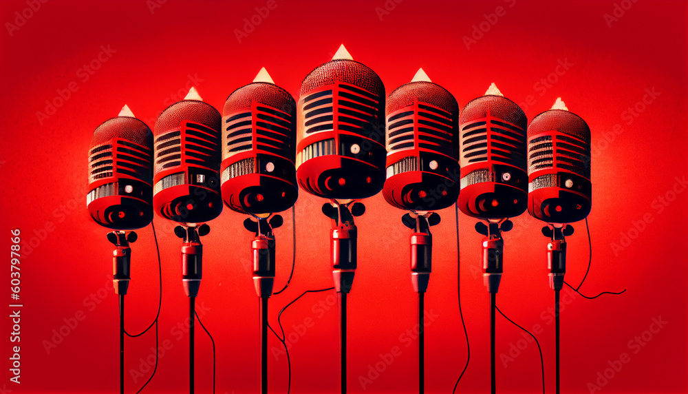 Poster retro microphone on red background generative ai