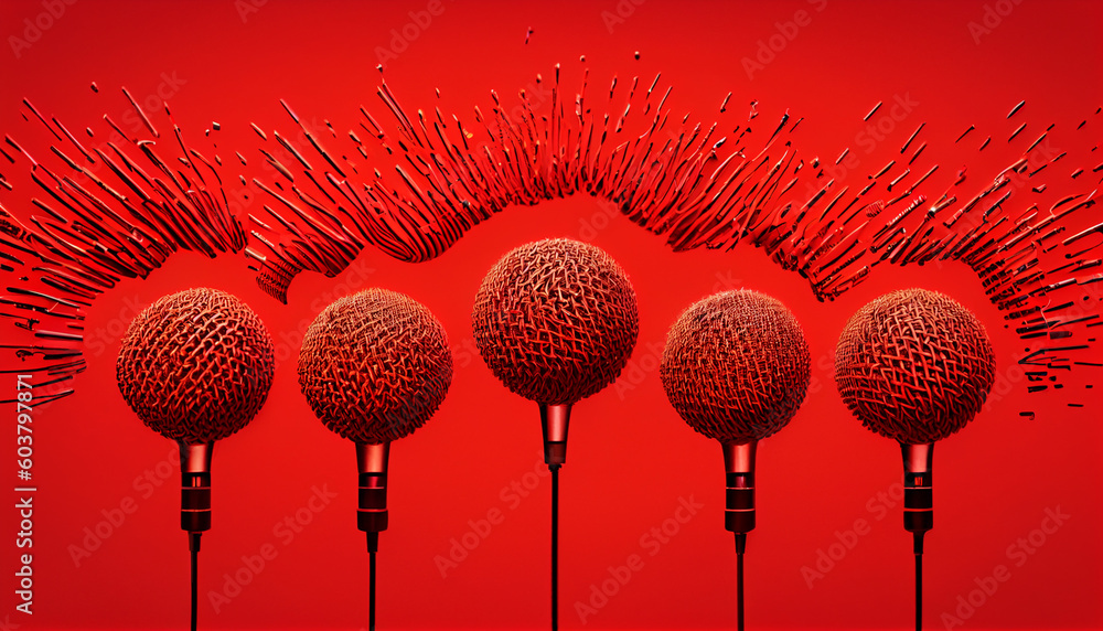 Poster retro microphone on red background generative ai