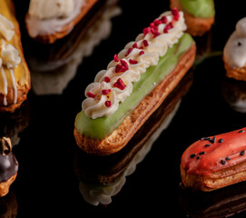 eclairs with different fillings and decorations in different options