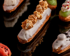eclairs with different fillings and decorations in different options