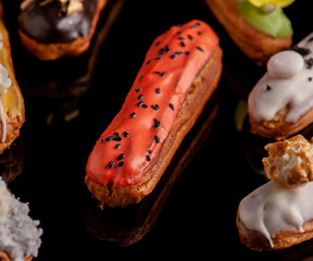eclairs with different fillings and decorations in different options