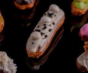 eclairs with different fillings and decorations in different options