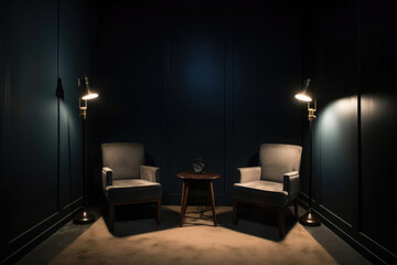 Studio for interview and podcast. Two empty chairs and spotlights in dark room. Created with Generative AI