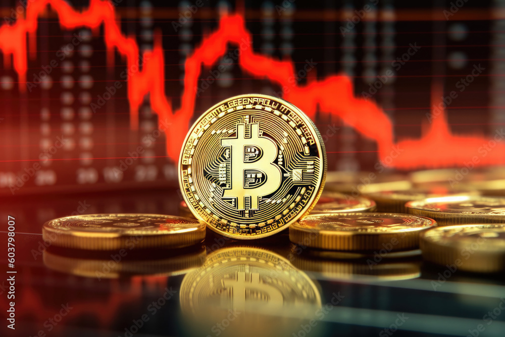 Poster virtual cryptocurrency concept. bitcoin against stock market chart background. blockchain technology