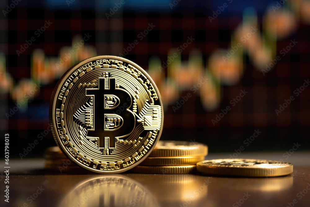 Poster virtual cryptocurrency concept. bitcoin against stock market chart background. blockchain technology