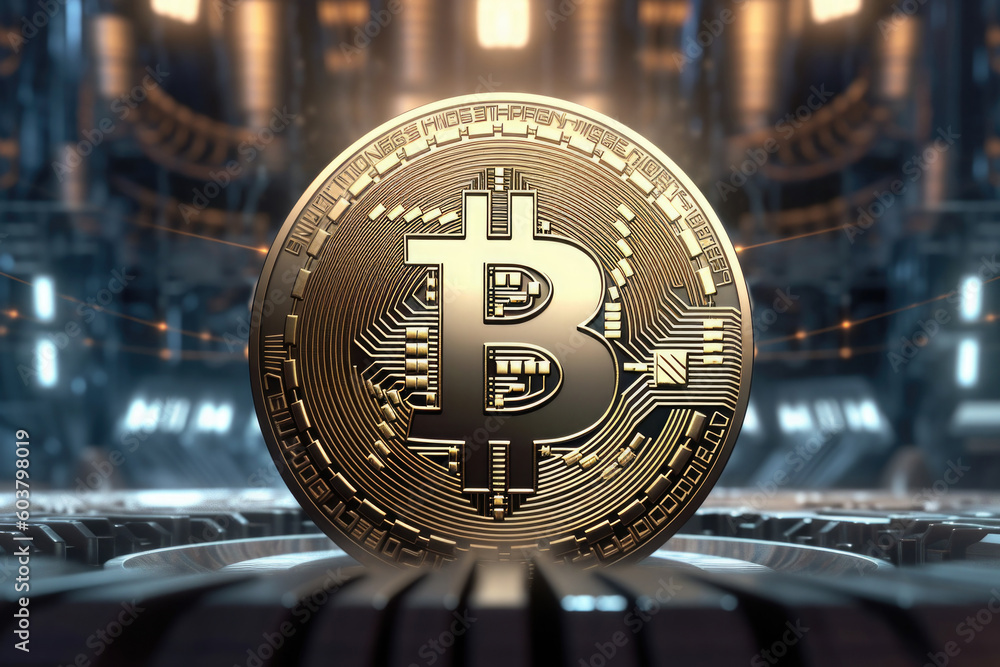 Poster Virtual cryptocurrency concept. Golden Bitcoin against blurred technology background. Created with Generative ai