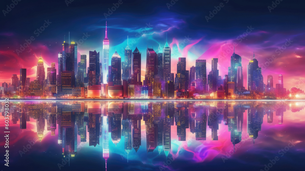 Poster skyline with neon colored city at night. cityscape with reflection in river. futuristic cyberpank ba