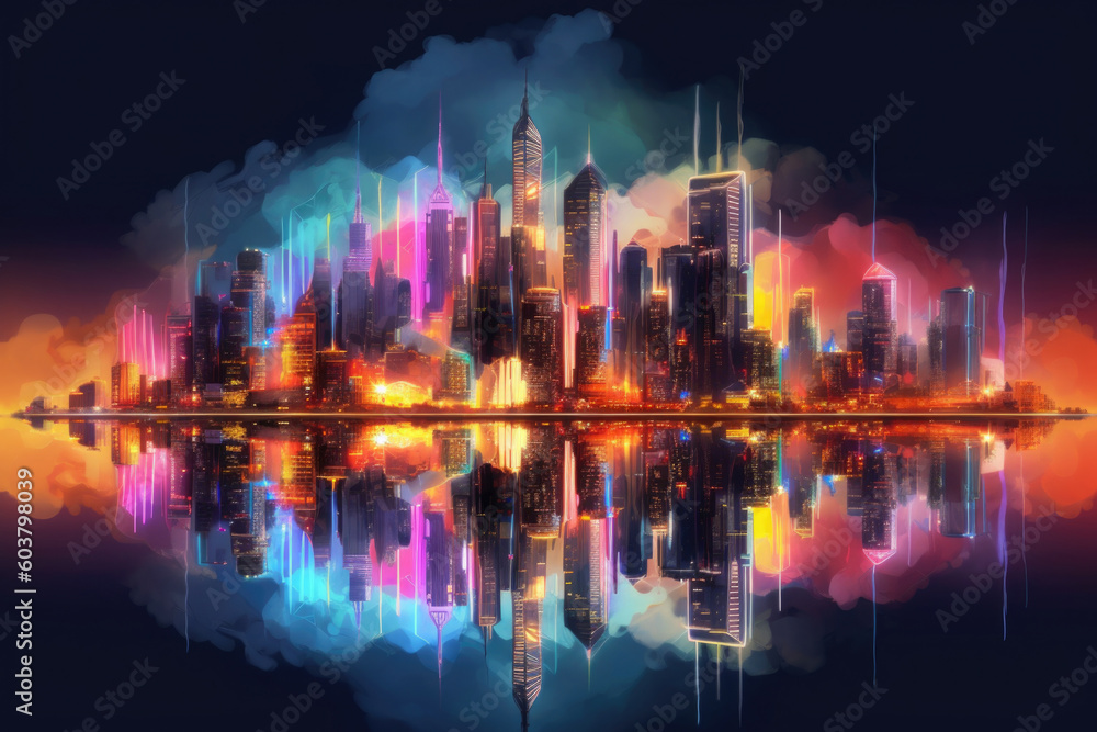 Poster skyline with neon colored city at night. cityscape with reflection in river. futuristic cyberpank ba