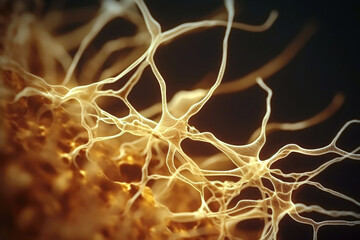 Neuron cells with glowing connections on abstract background. Macro shot of neural connections in human brain. Created with Generative AI