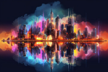 Fototapeta na wymiar Skyline with neon colored city at night. Cityscape with reflection in river. Futuristic cyberpank banner with colorful skyscrapers. Created with Generative AI