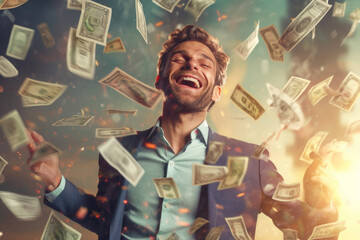 Happy successful man standing under money rain. A lot of dollar banknotes falling on smiling man. Success and wealth concept. Created with Generative AI