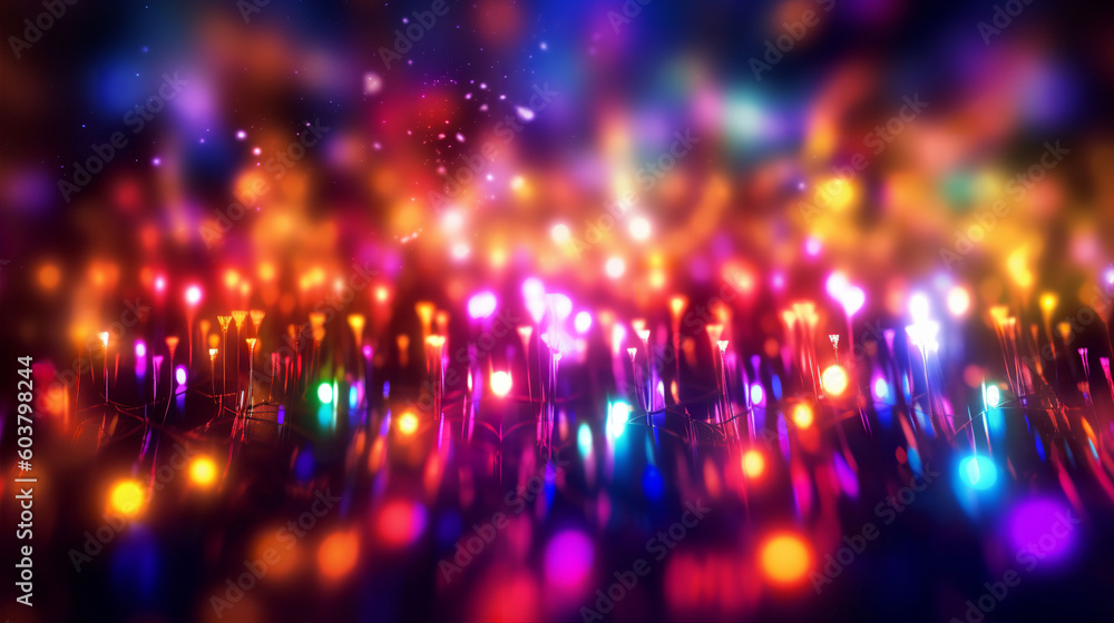 Wall mural an abstract colourful neon bokeh lights background with light glints. a.i. generated.