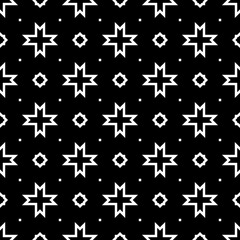 Seamless surface pattern design with Moroccan stars and crosses tiles ornament. Oriental traditional ornamentation with repeated geometric shapes. Ancient mosaic wallpaper. Grid motif. Digital paper.