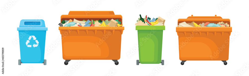 Poster street dustbin and trash container for garbage vector set