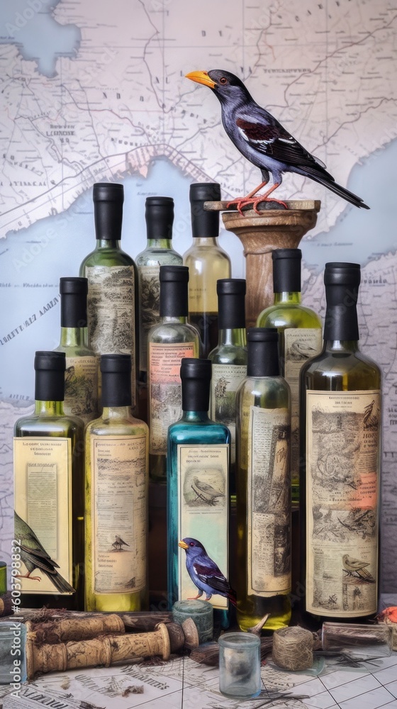 Poster a bird sitting on top of a bunch of bottles. generative ai image.