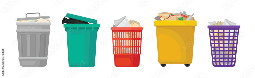 Poster street dustbin and trash container for garbage vector set