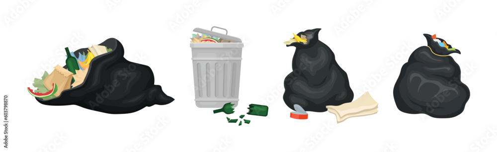 Poster street dustbin and sack as trash container for garbage vector set