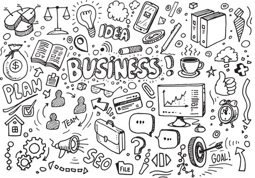 Business doodles, vector hand drawn sketch on white paper
