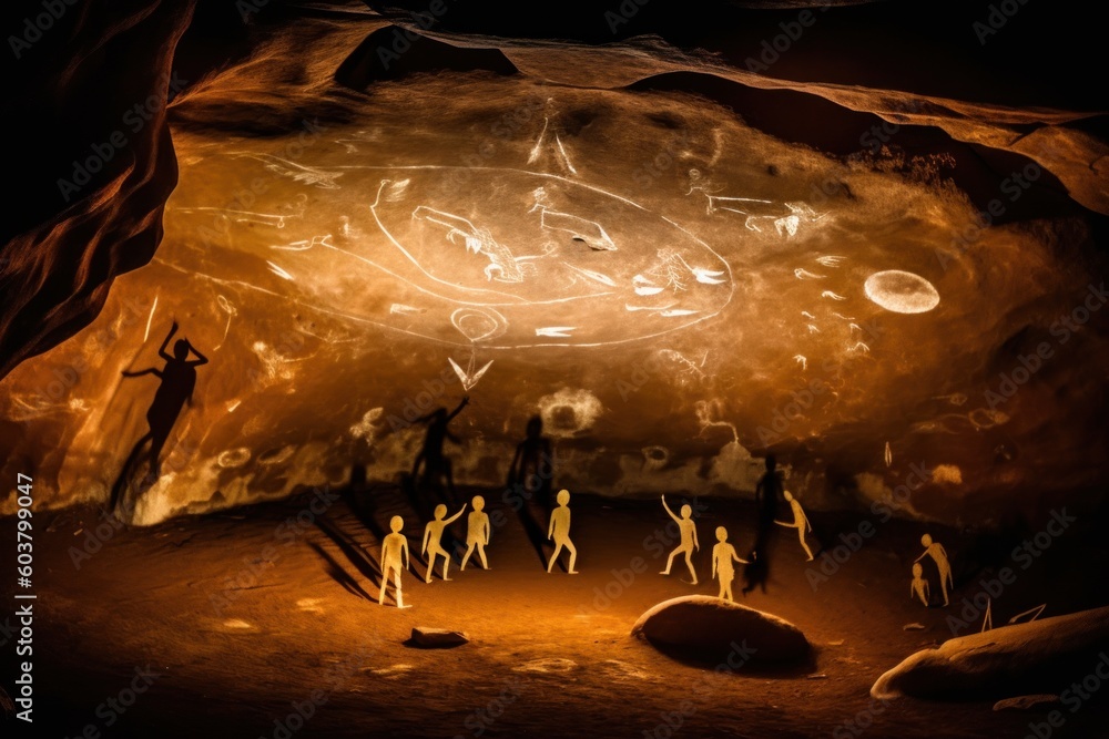 Poster a group of people standing in front of a cave. generative ai image.