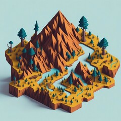 Mountains River And Trees In Isometric Style 