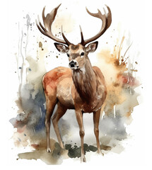 A deer drawn with watercolor on isolated background.Full body.Front view.Copy and text space.Created with generative ai
