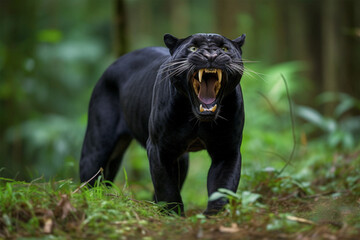Naklejka na ściany i meble Angry black panther roaring in the forest.Front view.Created with generative ai