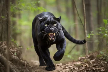 Foto op Plexiglas Angry black panther roaring and running in the forest.Front view.Created with generative ai © leo10